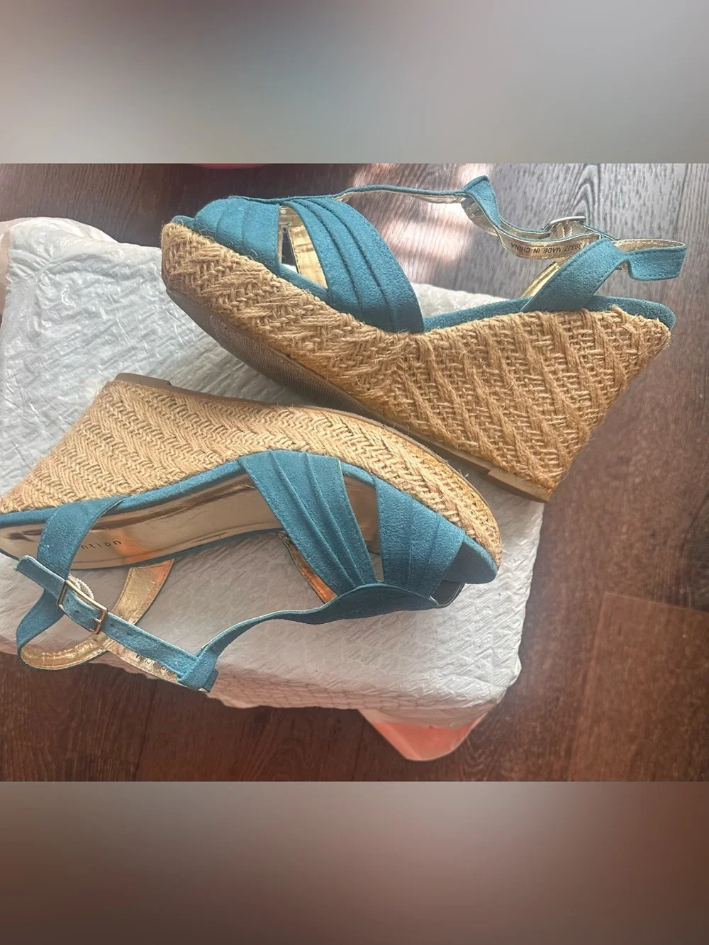 attention Teal Espadrille Wedge Sandals with Braided Jute Platform